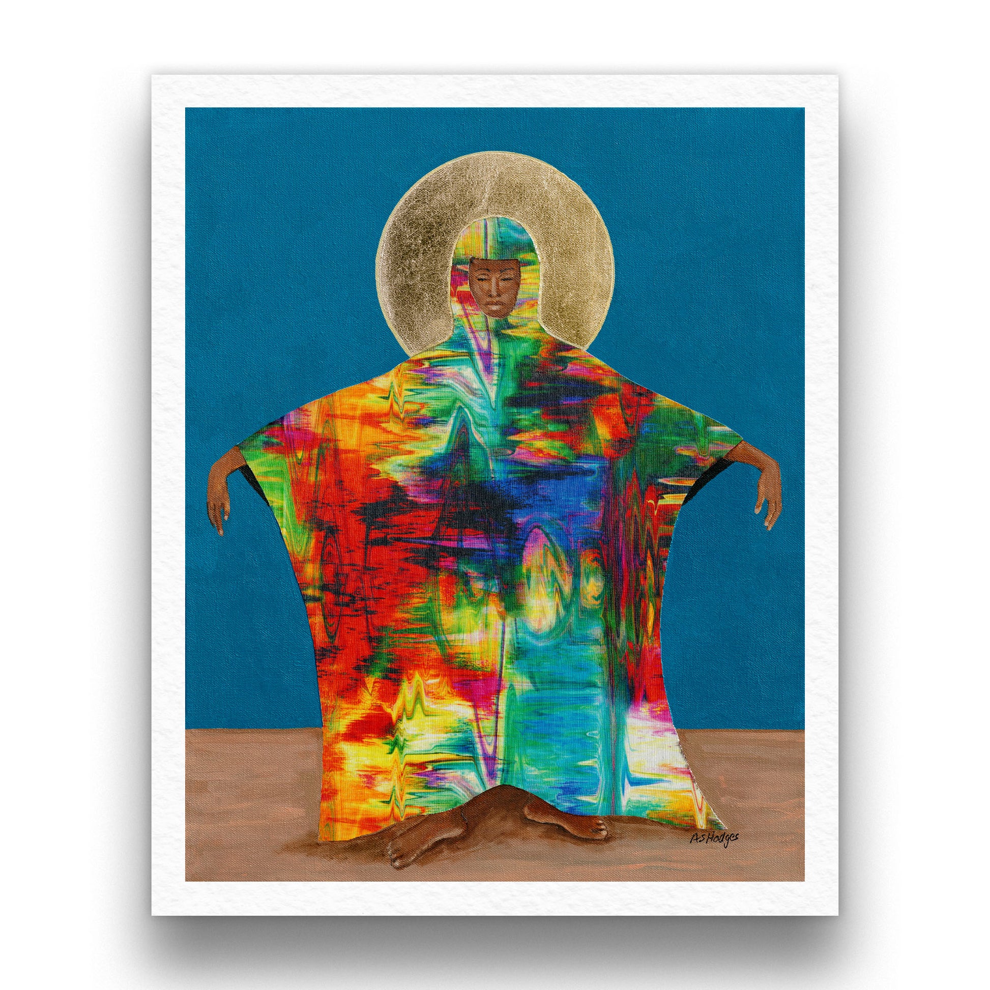 Fine art print 'Mother Earth' by Antionette Simmons Hodges. Depicts a mystical figure with a colorful cloak symbolizing nature's elements, set against a bright blue background, embodying the interconnectedness and nurturing essence of the Earth.