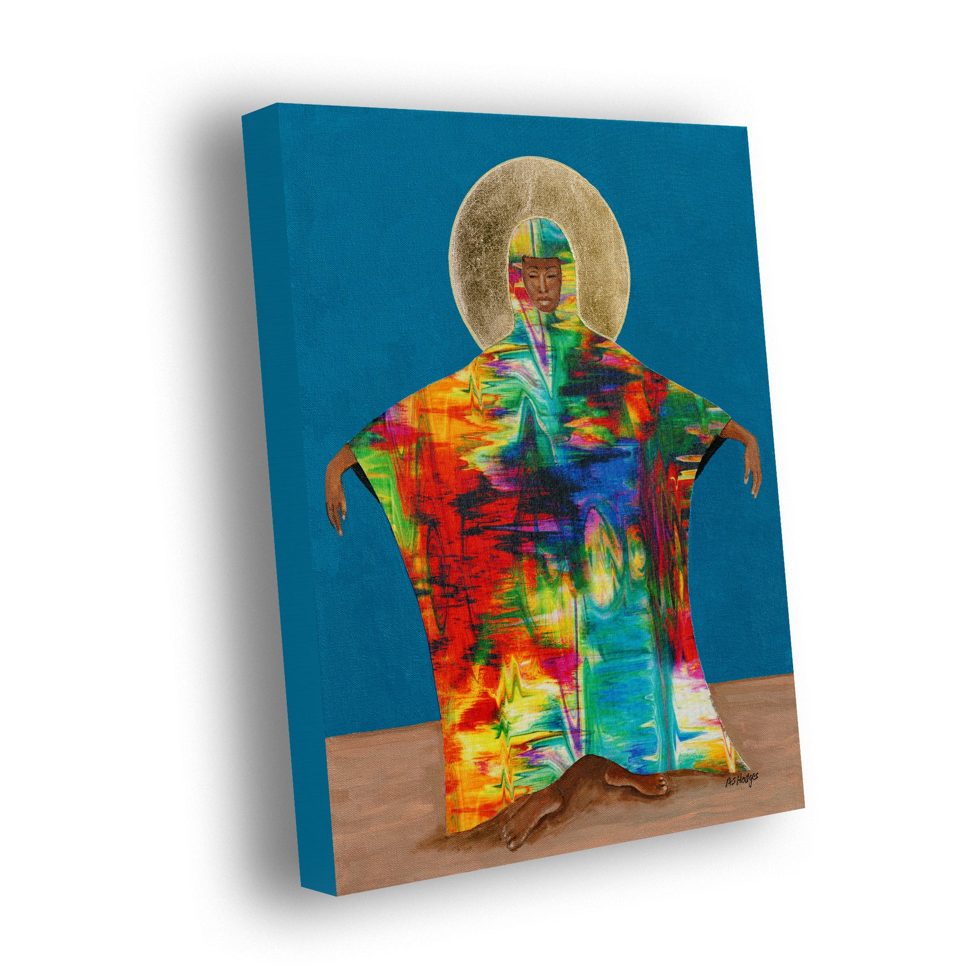 Stretched canvas print titled 'Mother Earth' by Antionette Simmons Hodges. The artwork depicts a mystical hooded figure with arms outstretched, symbolizing Mother Earth. Her cloak is adorned with vibrant colors resembling flames, waves, and natural elements, set against a bright blue background. The figure's torso is encased in a radiant gold sun, adding a celestial touch. This mixed media piece celebrates the planet's beauty and interconnectedness through swirling colors and layered textures.