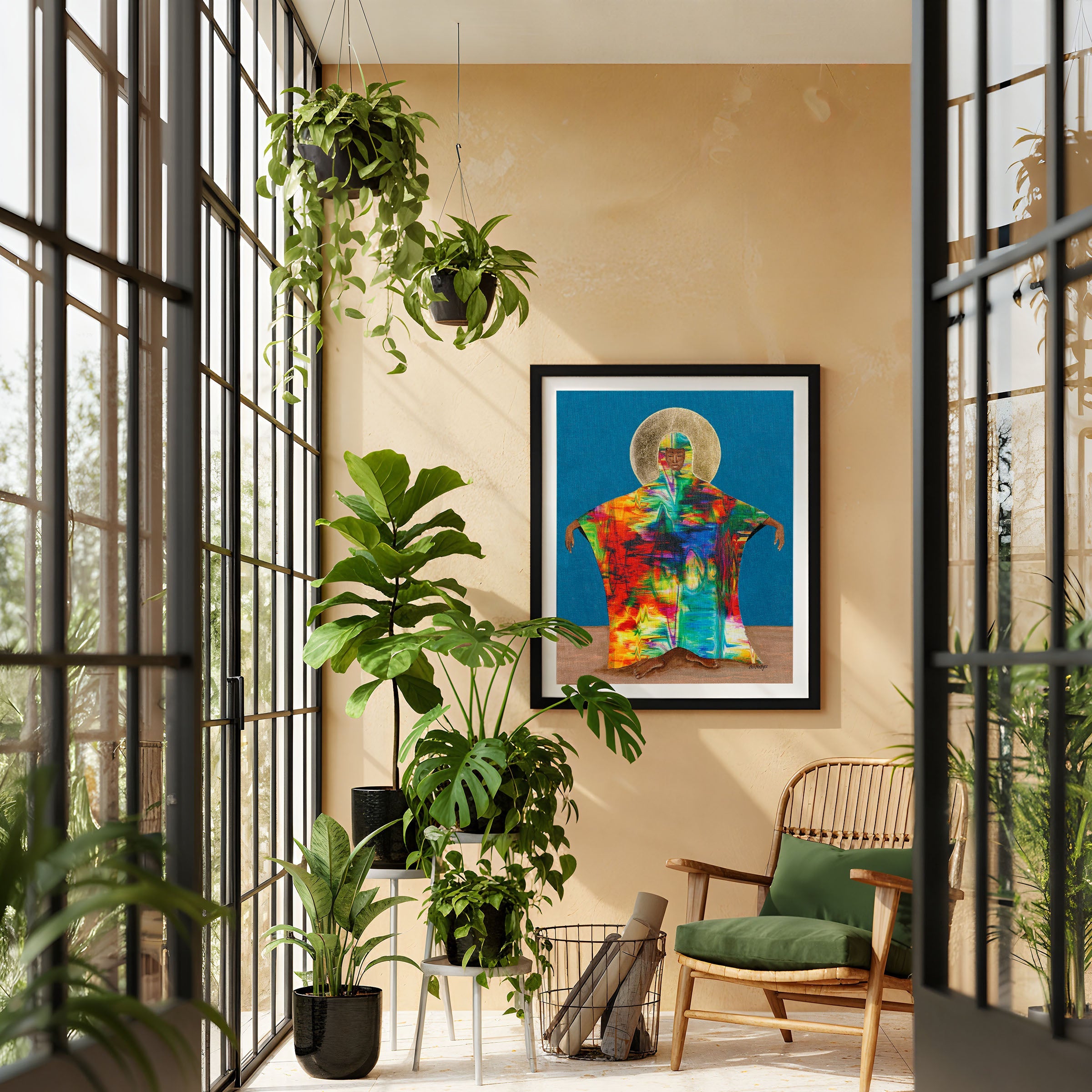Modern interior with plants, mother earth framed print featuring a black female figure dressed in a colorful robe, and a green chair.