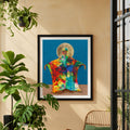 Modern interior with plants, a colorful Mother earth artwork featuring a black female figure in a rainbow colored robe and a green chair.