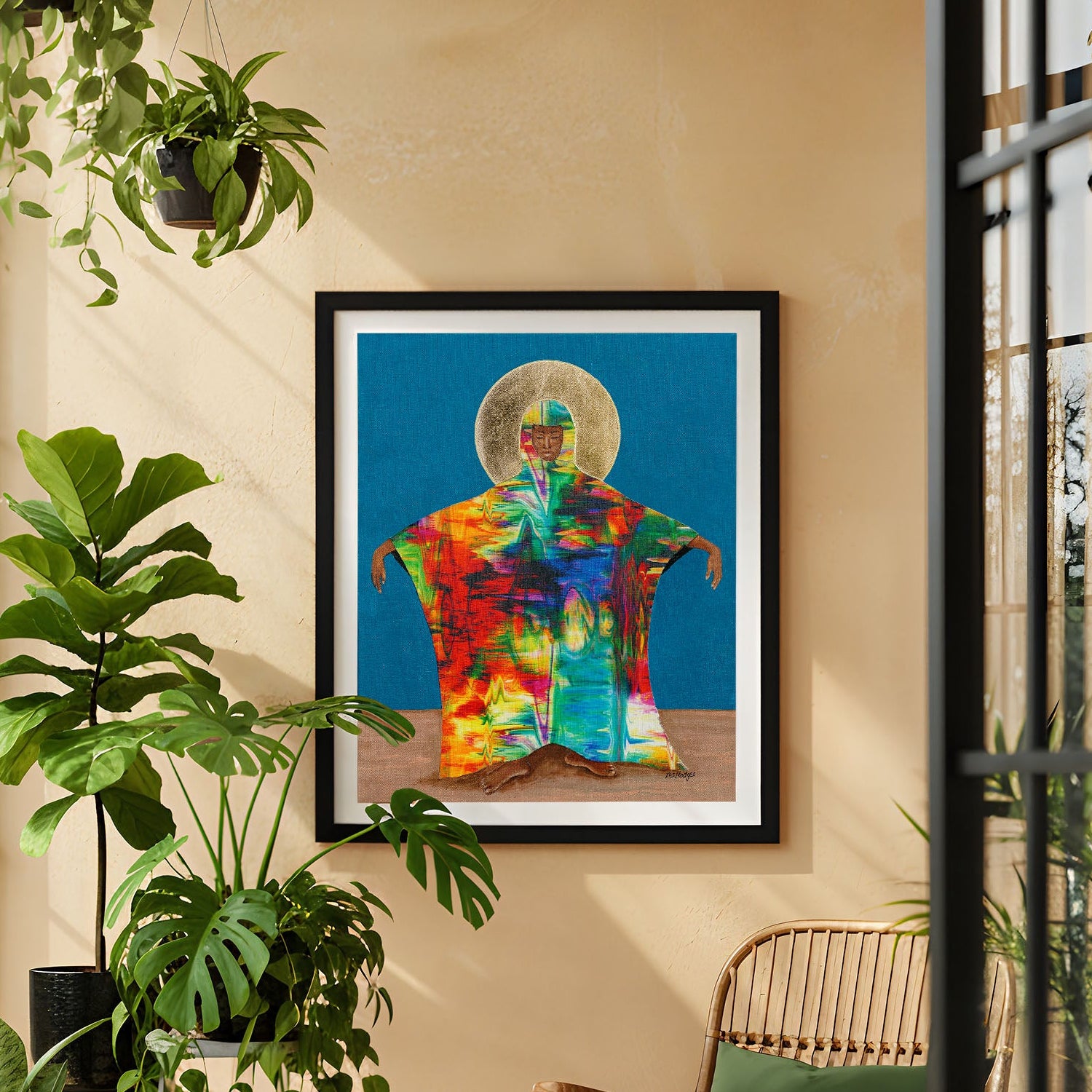 Modern interior with plants, a colorful Mother earth artwork featuring a black female figure in a rainbow colored robe and a green chair.