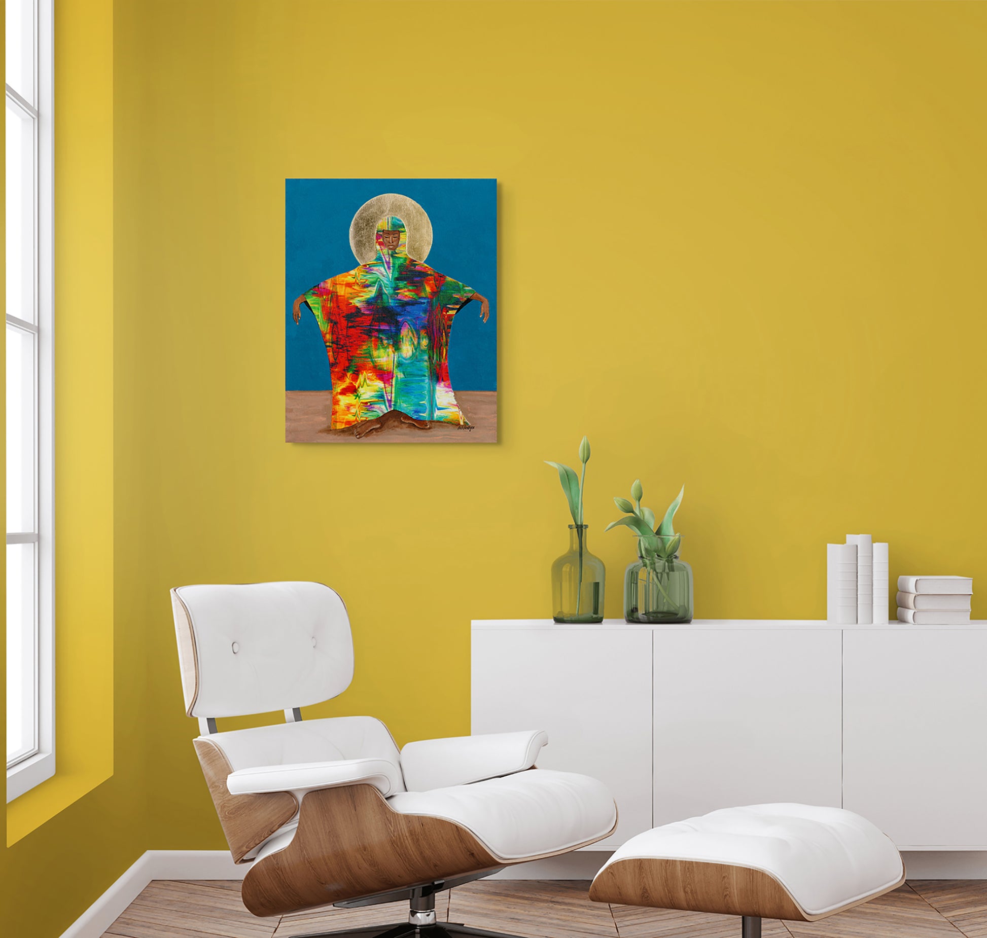 Mother Earth African American fine art prints by Antionette Simmons Hodges hing on yellow wall with modern furniture