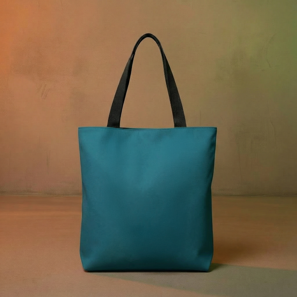 Back view of teal Mother Earth Art Tote Bag — solid teal panel and black cotton handles