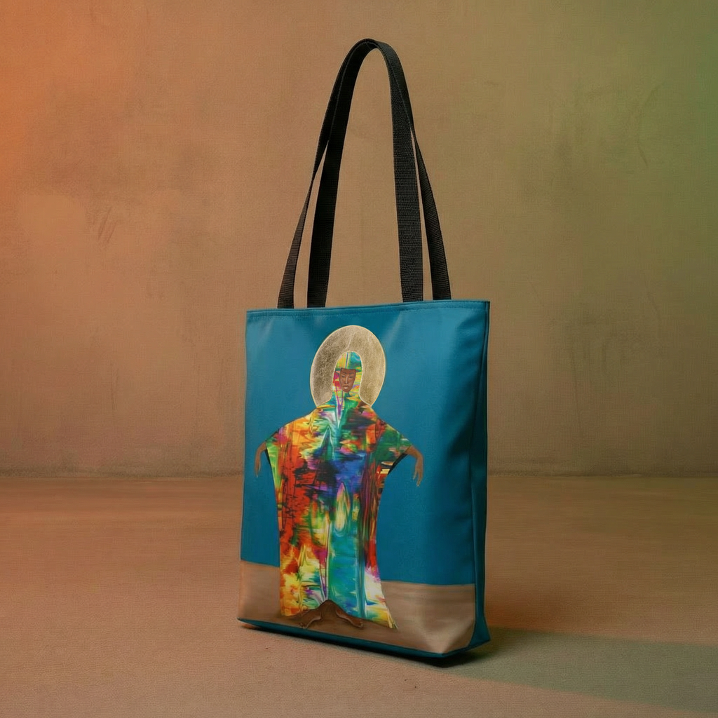 Side view of teal Mother Earth Art Tote Bag showing depth and handle detail