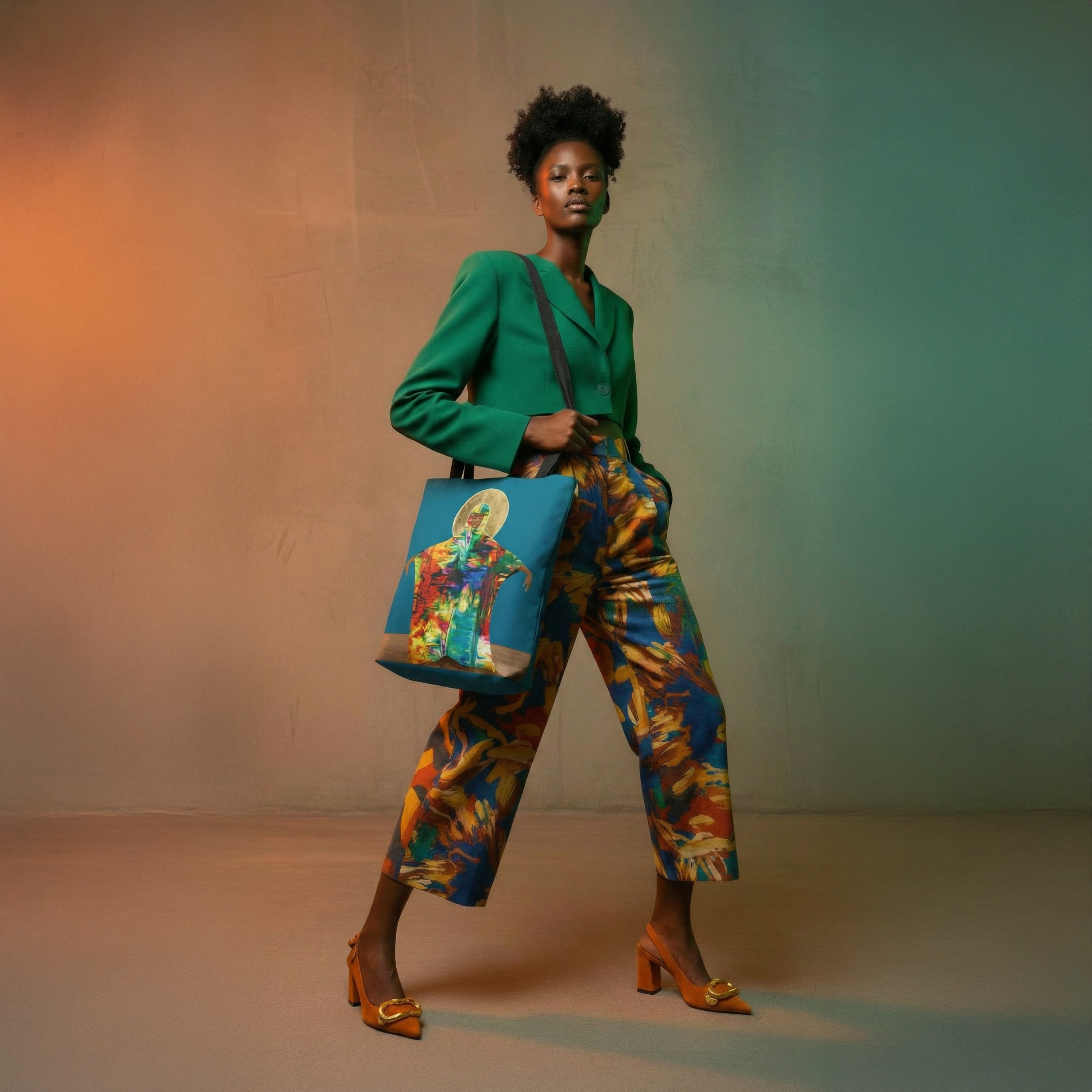 Fashion model carrying teal Mother Earth Art Tote Bag — Afrocentric spiritual art by Black artist