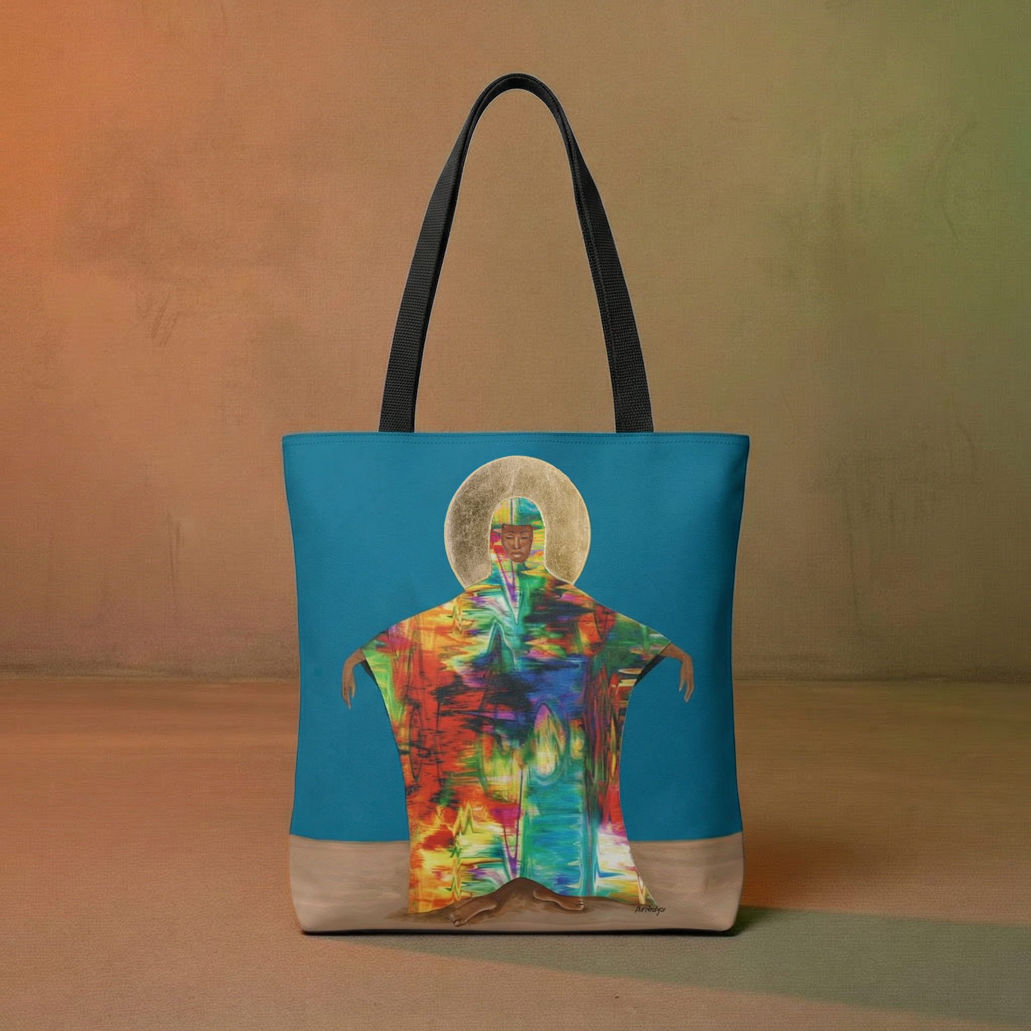 Teal Mother Earth Art Tote Bag front view — spiritual Black art on cotton canvas