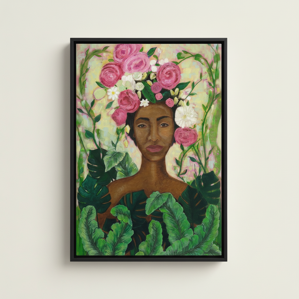 Black Woman Floral Framed Canvas Wall Art | African American Home Decor