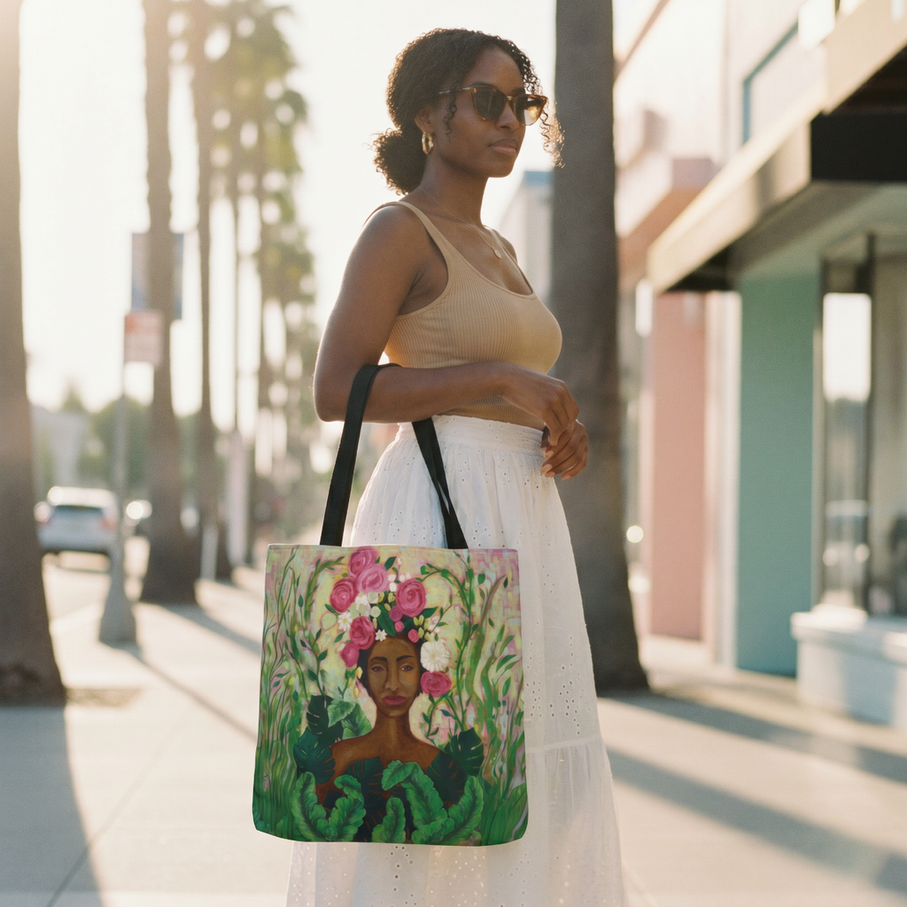 Woman walking outdoors with the Mother Nature Art Tote Bag in a casual everyday look