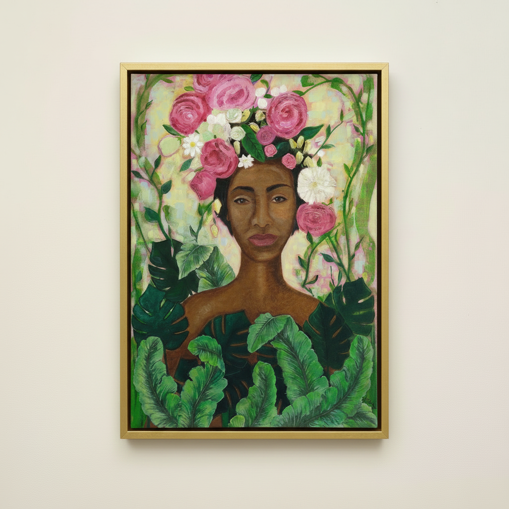 Black Woman Floral Framed Canvas Wall Art | African American Home Decor