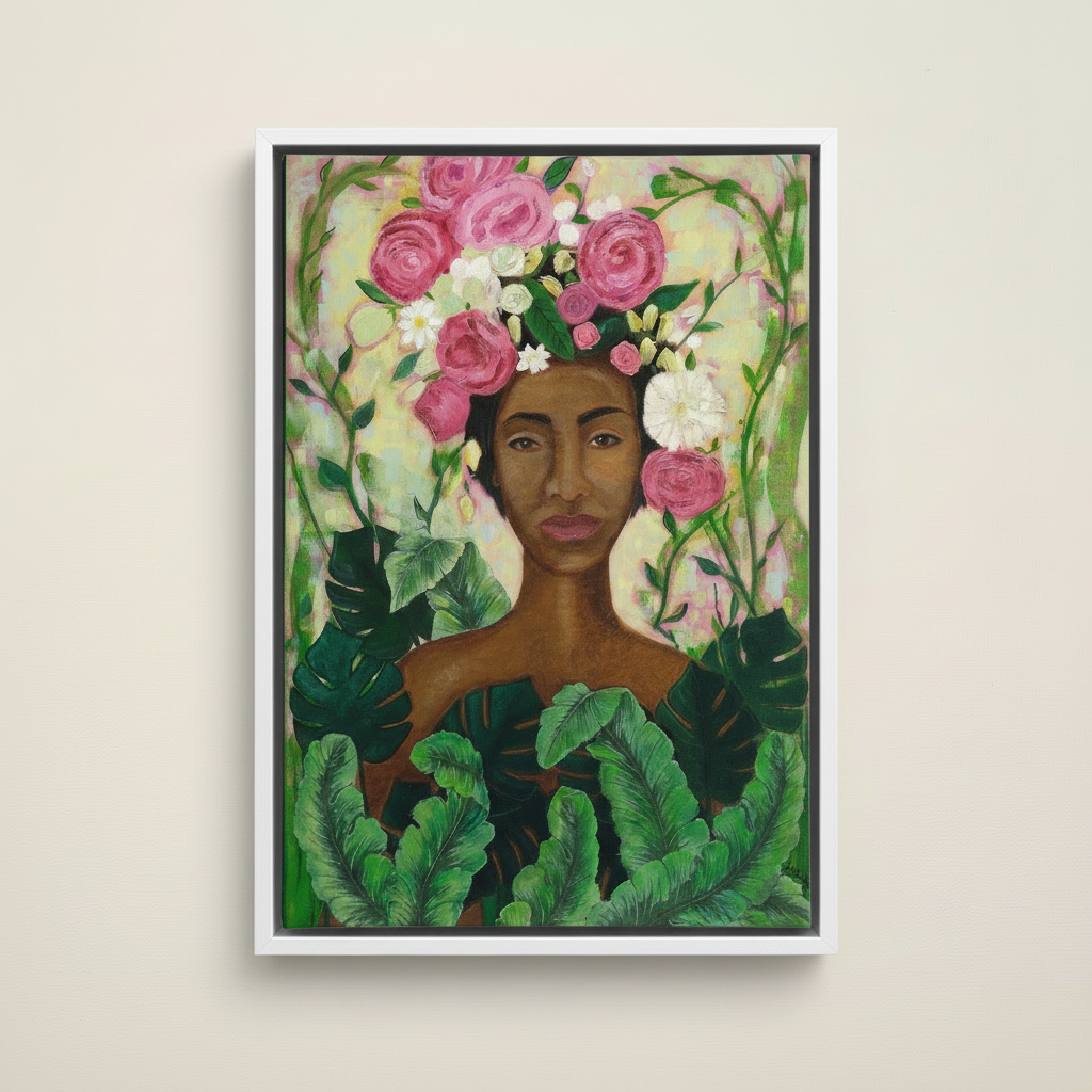 Black Woman Floral Framed Canvas Wall Art | African American Home Decor
