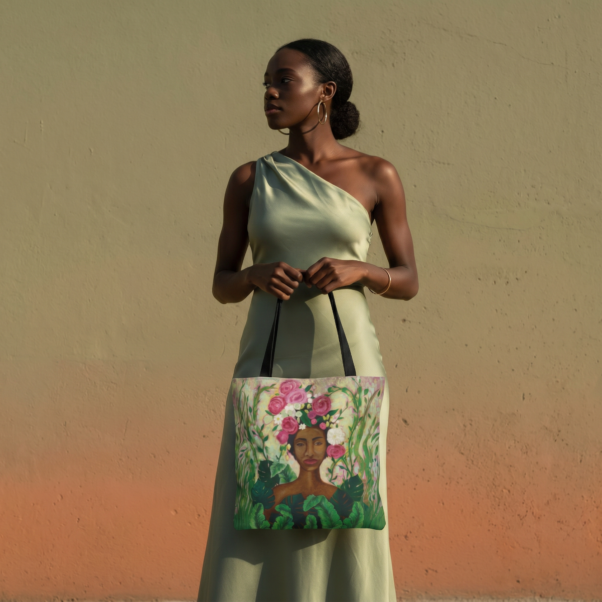 Woman carrying the Mother Nature Art Tote Bag featuring a Black woman floral crown portrait