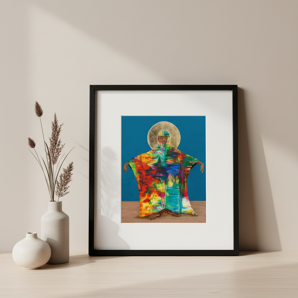 Framed colorful artwork of a figure on a white wall with decorative vases.