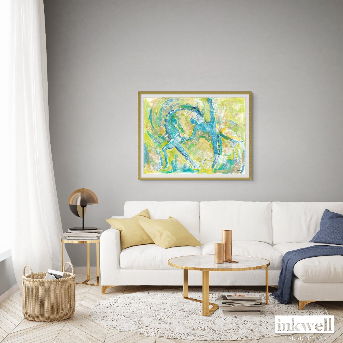 'Motion in Teal' art print: Abstract expressionist painting with swirling teal tones blended with lime green, copper, blue, and white, capturing dynamic movement and dance, featuring abstract dancer forms emerging from the brushstrokes. shown above white soaf in a lviing room