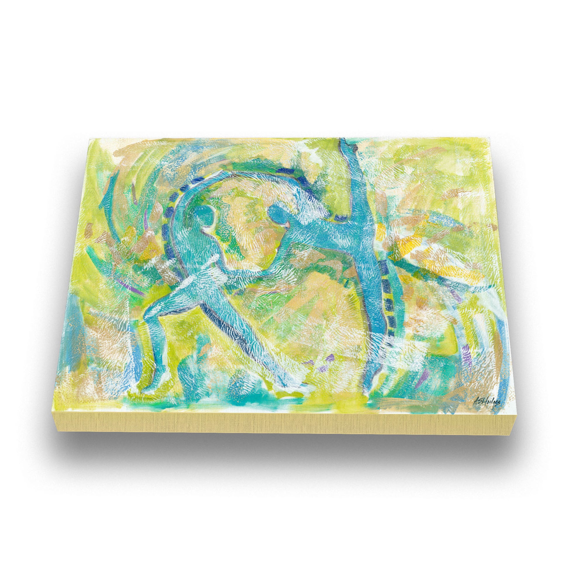 Stretched canvas print titled 'Motion in Teal' by Antionette Simmons Hodges. This abstract expressionist artwork features swirling teal brushstrokes with lime green, copper, blue, and white accents. Abstract forms of dancers emerge from the energetic patterns, conveying continuous flow and motion. The predominant teal offers a calming influence, inviting contemplation of the harmonious interplay of colors and textures.