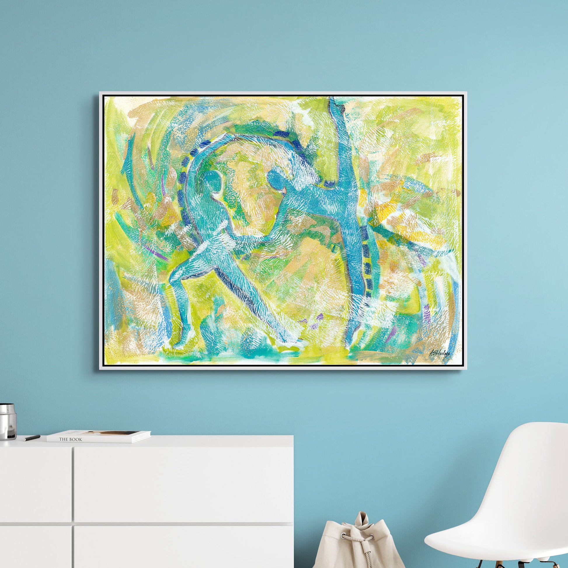 Black art Print Motion in Teal framed canvas print by Antionette Simmons Hodges. Features abstract dancers in dynamic teal hues, interwoven with lime green and copper, capturing movement and energy. Celebrates African American artistry and culture.