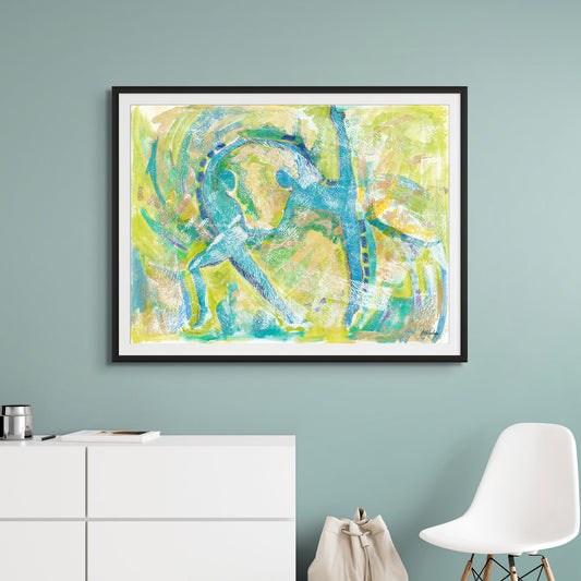 African American art by Antionette Simmons Hodges. Framed Print titled Motion in Teal, this abstract print features 2 dancers in motion. The color pallet is greeen and blue