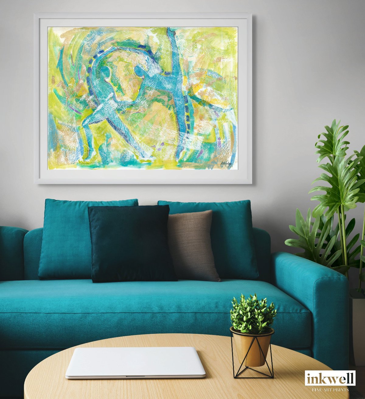 Motion in Teal' art print: Abstract expressionist painting featuring swirling teal hues interwoven with lime green, copper, blues, and white, depicting dynamic movement and dance elements, with abstract forms of dancers emerging from the brushstrokes.