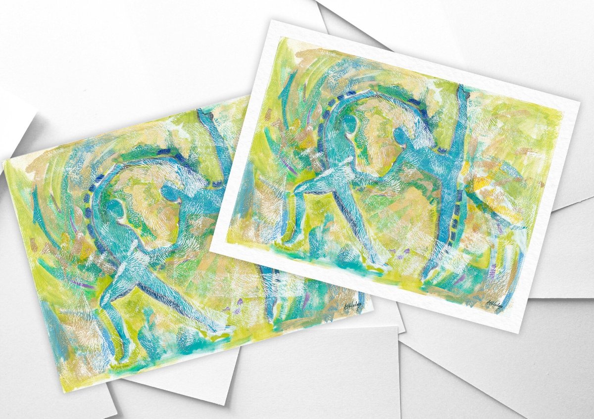 Motion in Teal' art print: Abstract expressionist painting featuring swirling teal hues interwoven with lime green, copper, blues, and white, depicting dynamic movement and dance elements, with abstract forms of dancers emerging from the brushstrokes. shown with and without borders around the print