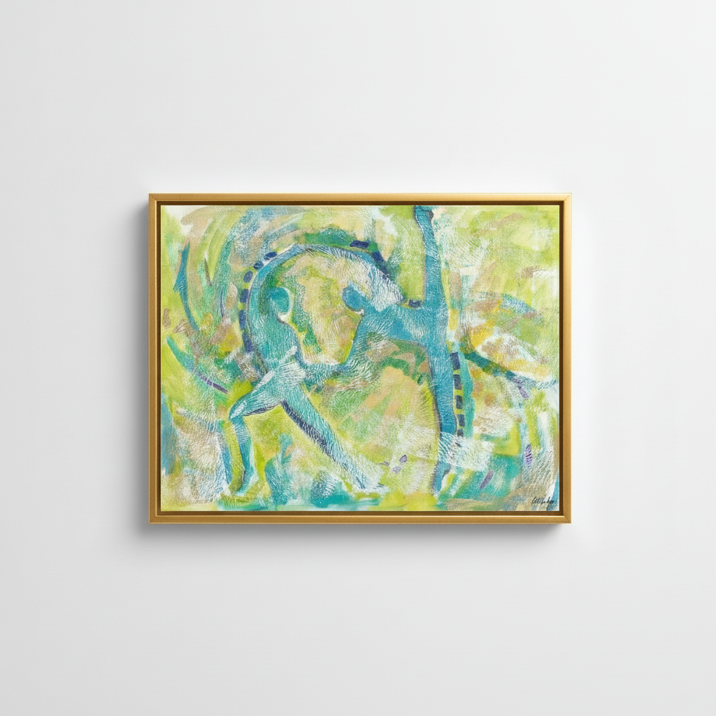 Motion in Teal — Framed Canvas Print, Gold