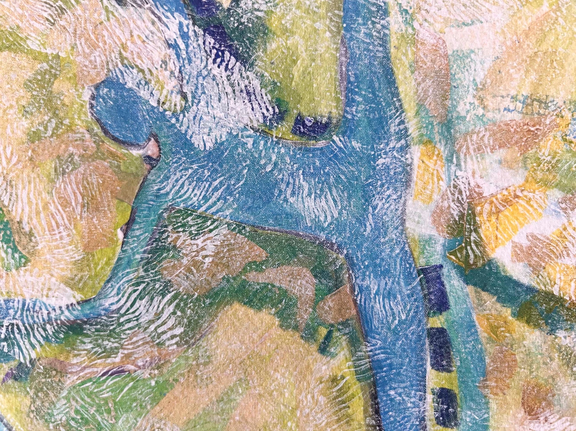 Detail of 'Motion in Teal' art print: Abstract expressionist painting featuring swirling teal hues interwoven with lime green, copper, blues, and white, depicting dynamic movement and dance elements, with abstract forms of dancers emerging from the brushstrokes. shown with and without borders around the print