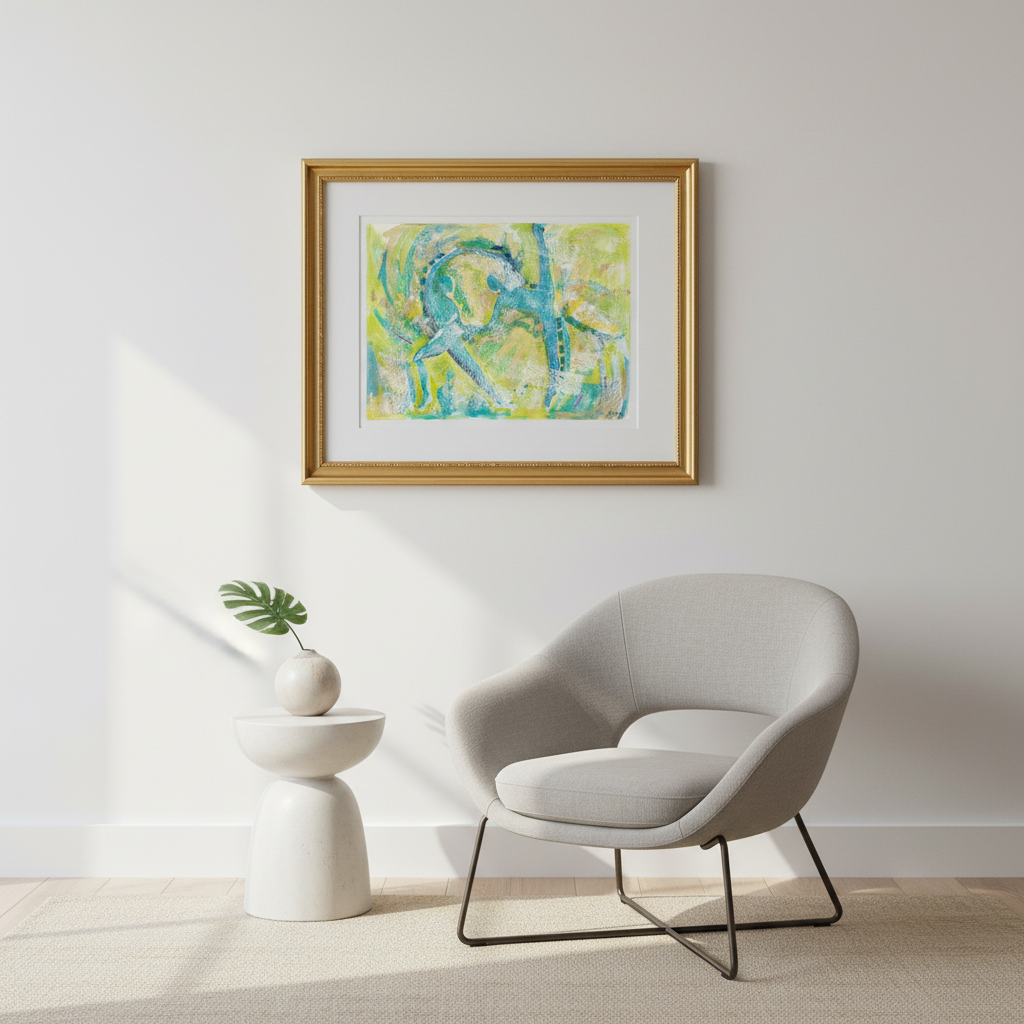 Motion in Teal giclee print in a modern living room, gold frame — abstract Black dance art