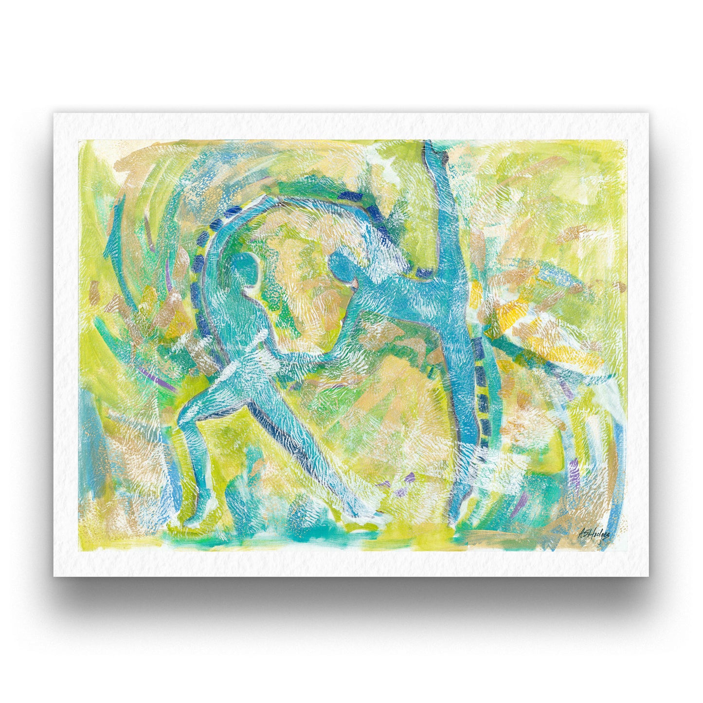 Fine art print 'Motion in Teal' by Antionette Simmons Hodges. Abstract expressionist piece with swirling teal, lime green, and copper hues, depicting dancers' forms in motion, conveying energy and tranquility through circular brushstrokes.