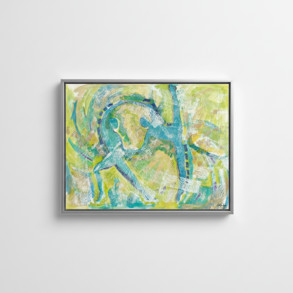 Motion in Teal — Framed Canvas Print, Silver