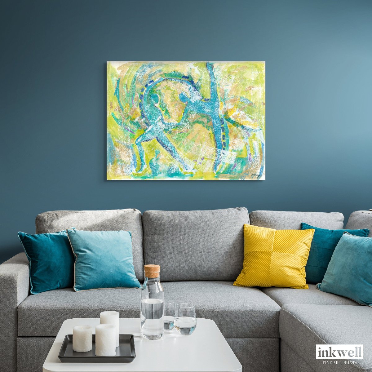 'Motion in Teal' stretched canvas print: Abstract expressionist artwork with swirling teal tones interwoven with lime green, copper, blue, and white, capturing dynamic movement and dance, with abstract dancer forms emerging from the brushstrokes.