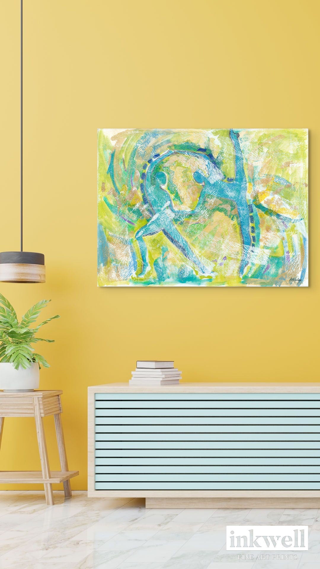 'Motion in Teal' stretched canvas print: Abstract expressionist artwork with swirling teal tones interwoven with lime green, copper, blue, and white, capturing dynamic movement and dance, with abstract dancer forms emerging from the brushstrokes.