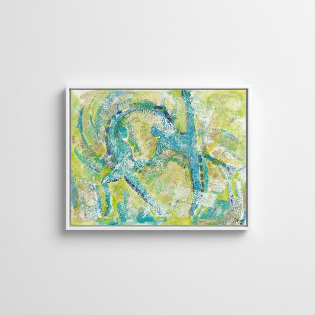Motion in Teal — Framed Canvas Print, White