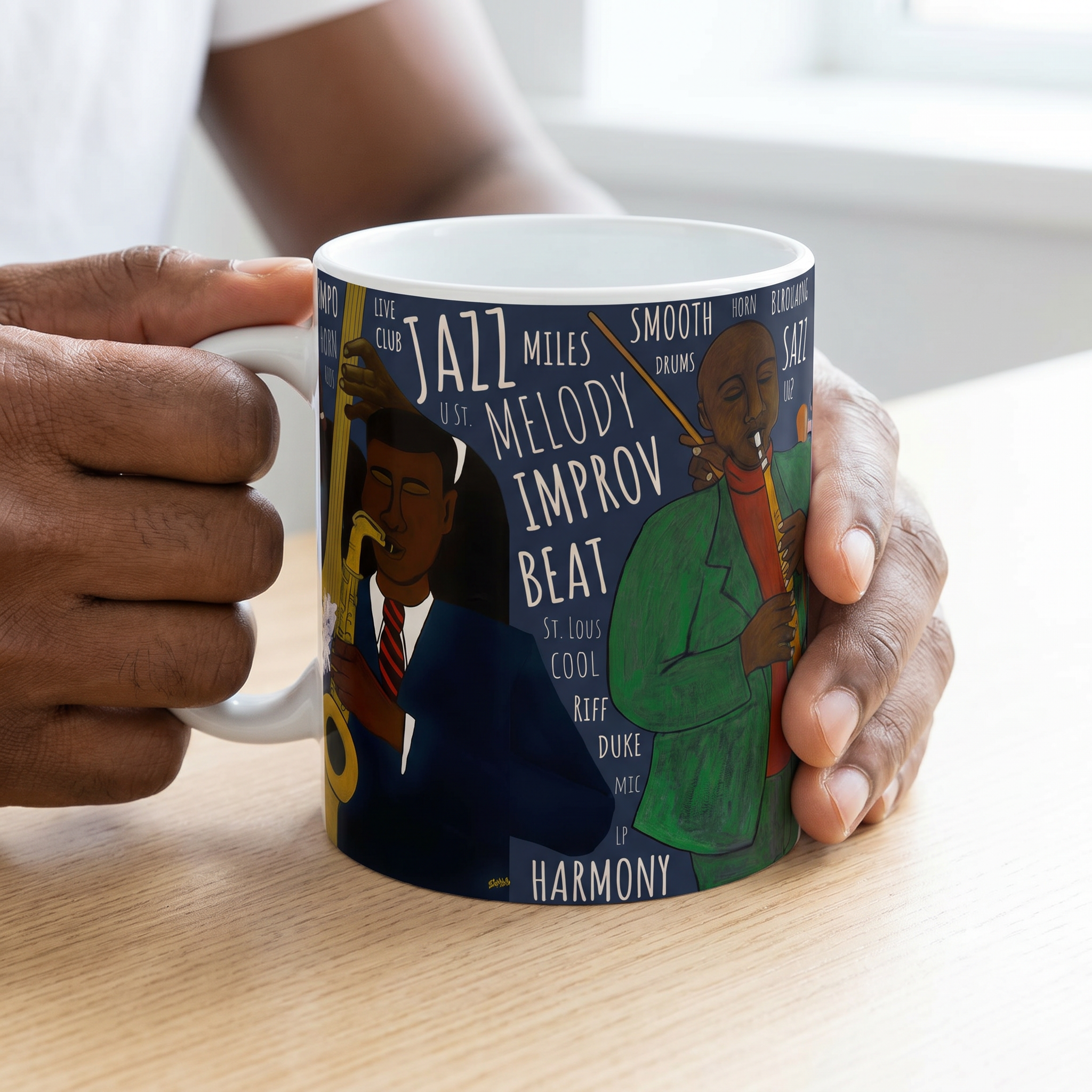 Battle of the Jazz Bands mug in navy — Black art jazz ceramic coffee cup featuring two jazz scenes by Antionette Simmons Hodges