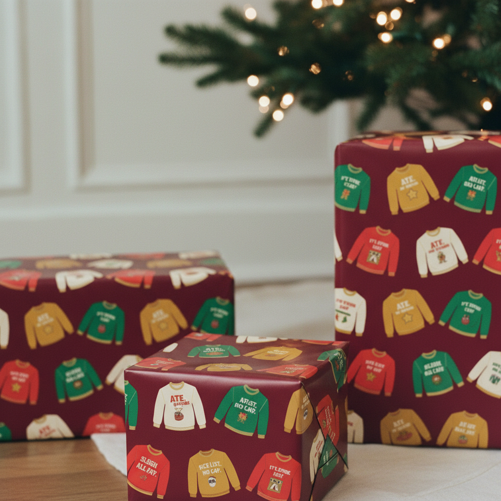 Christmas sweater wrapping paper, Burgundy, three gifts
