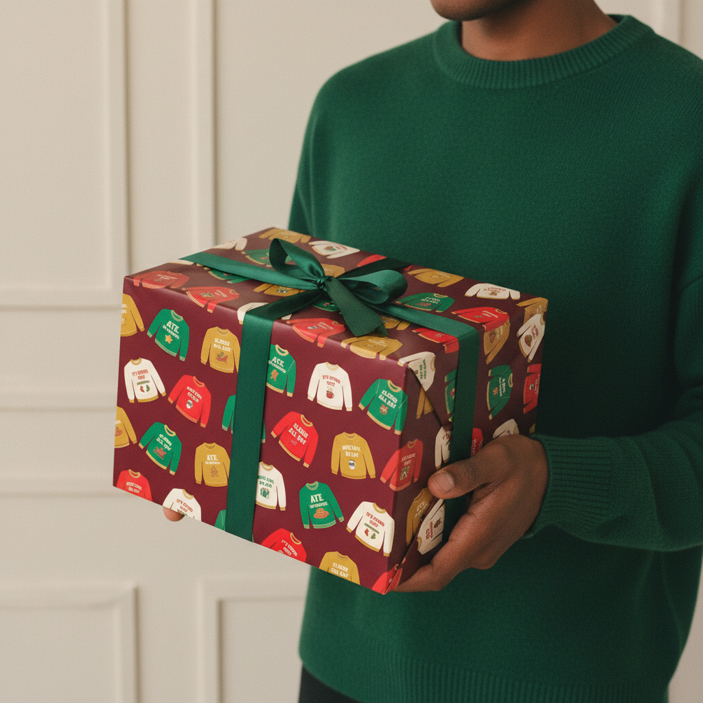 Christmas sweater wrapping paper, Burgundy, handheld gift