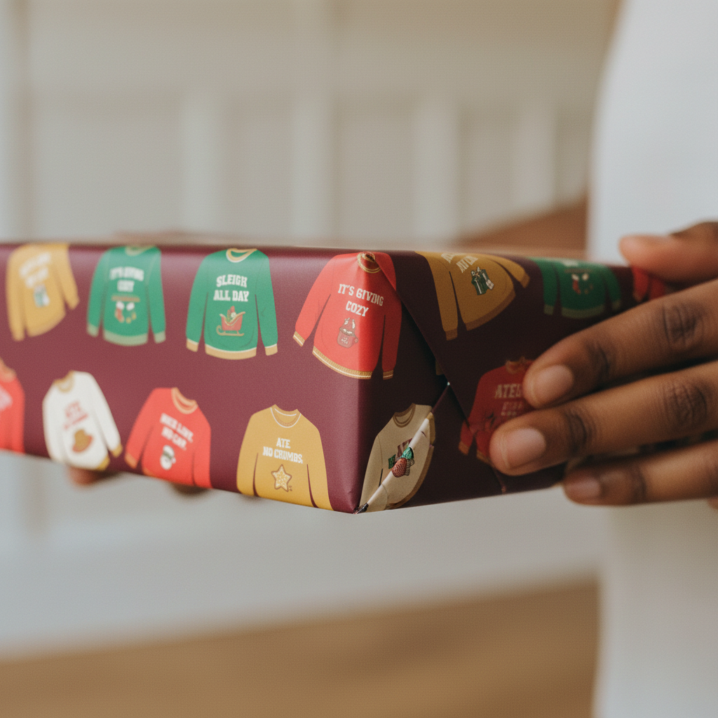 Christmas sweater wrapping paper, Burgundy, close-up