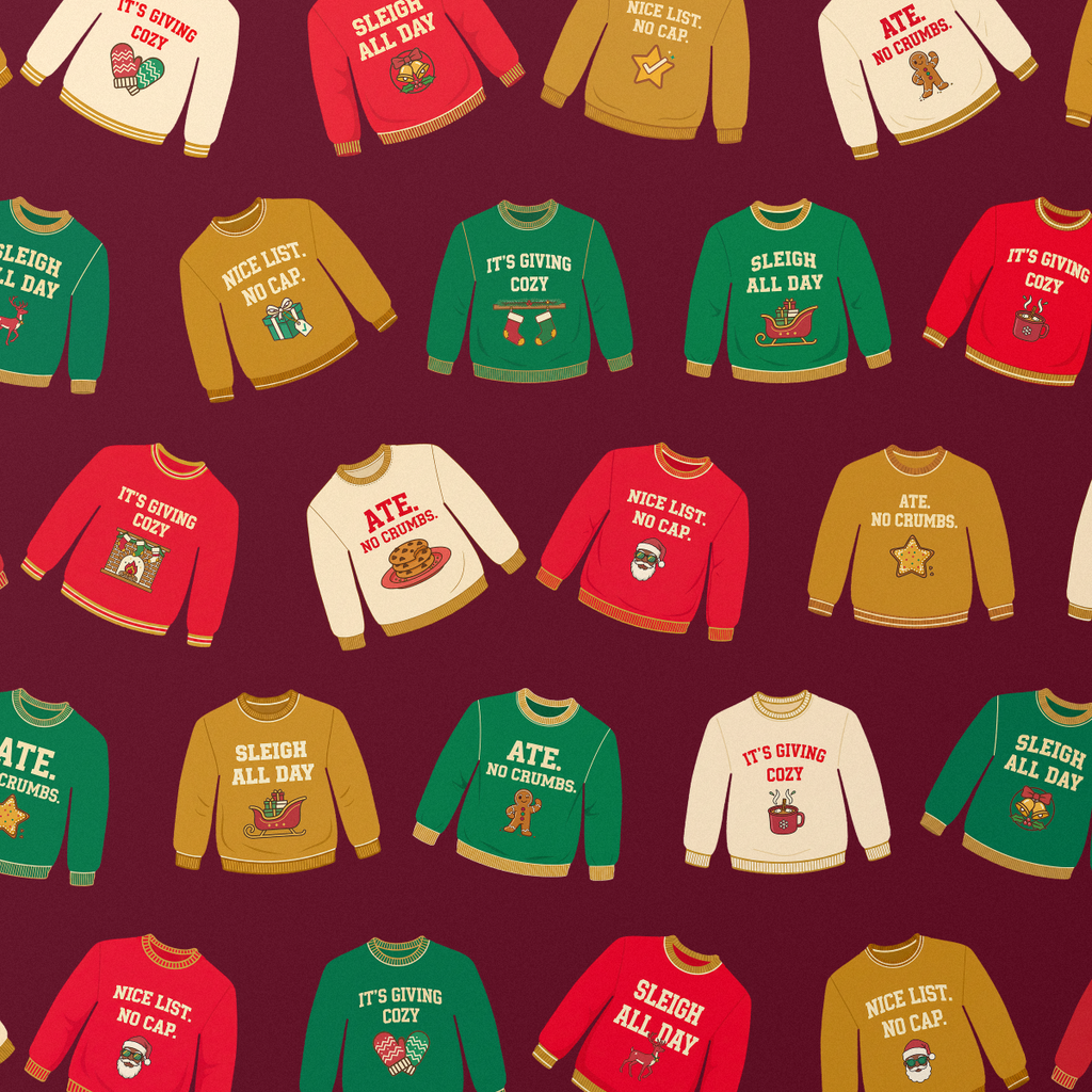 Christmas sweater wrapping paper, Burgundy