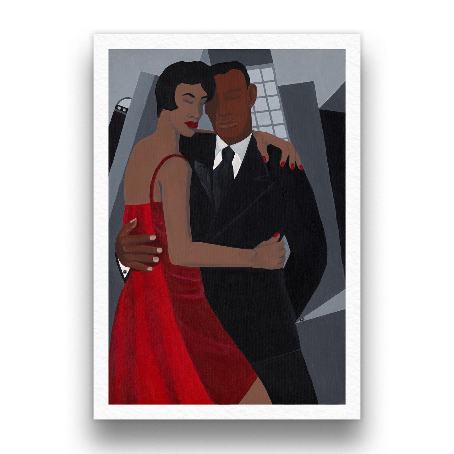 Black art print 'Night on the Town' by Antionette Simmons Hodges. Illustrates a romantic couple, the woman in a striking red dress and the man in a black suit, embracing against a stylized urban backdrop, evoking a sense of elegance and intimacy.