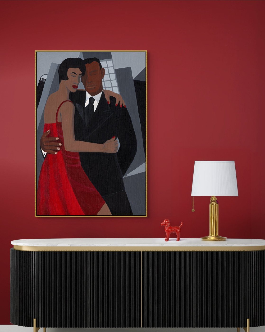 'Night on the Town' art print: Elegantly dressed couple, woman in a red dress and man in a black suit, embracing against a stylized urban backdrop with abstract buildings, capturing a romantic and celebratory evening atmosphere. pictured over media console