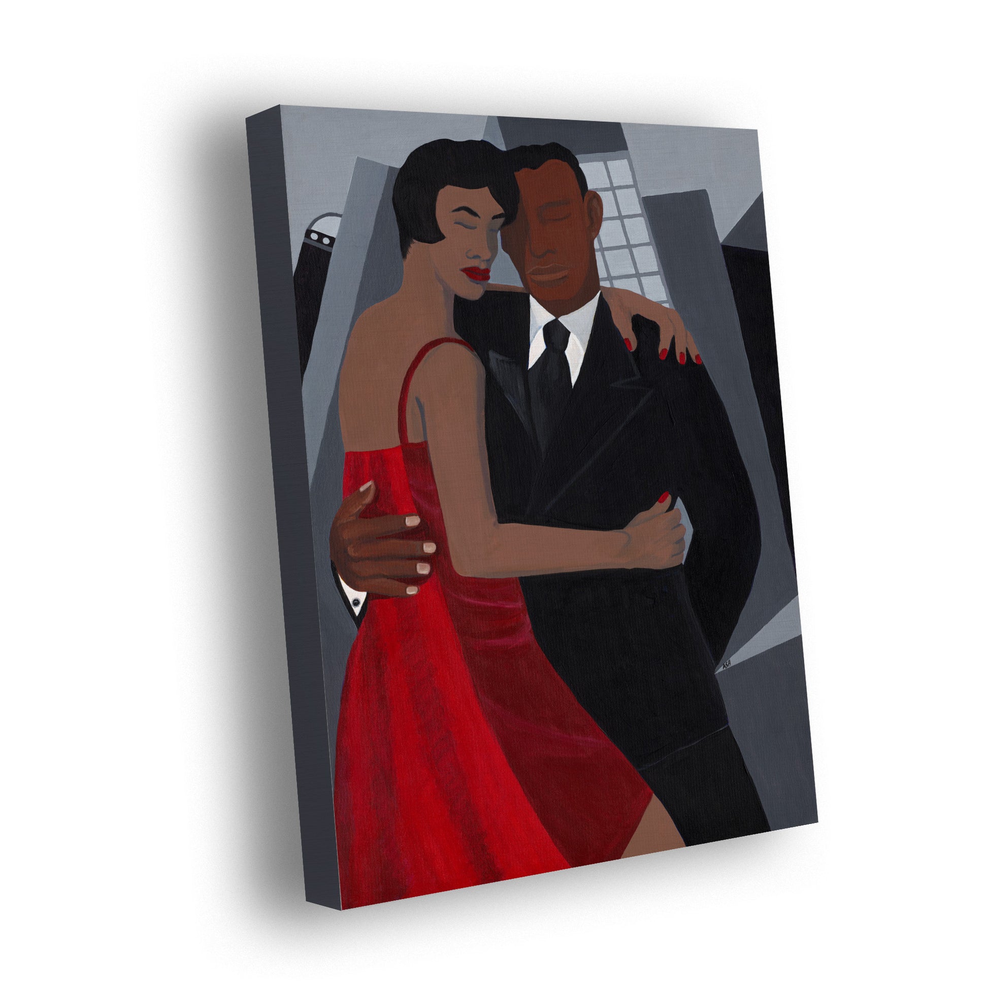 Stretched canvas print titled 'Night on the Town' by Antionette Simmons Hodges. The artwork depicts an elegantly dressed African American couple in a romantic embrace, set against a stylized urban backdrop. The woman wears a striking red dress, and the man is in a black suit and tie. Their vibrant attire contrasts with the muted gray city skyline, capturing the anticipation and excitement of a night out. The painting uses simplified forms and vivid colors to convey a sense of intimacy and celebration.