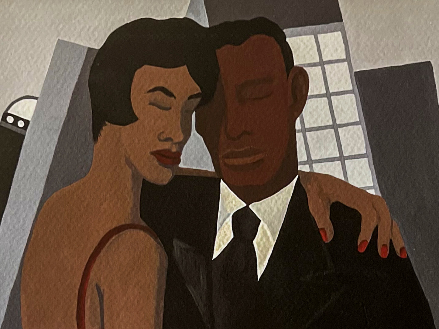 Night on the Town  african american artwork by Antionette simmons hodges depicts a well dressed african american couple in an embrace in front of a cityscape. shows a closeup of the print