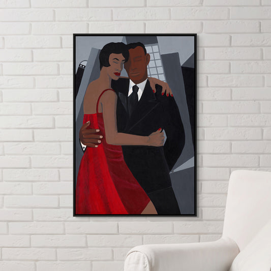 Black art Print Night on the Town framed canvas print by Antionette Simmons Hodges. Captures a couple in elegant attire, the woman in a red dress, the man in a black suit, set against a stylized urban backdrop, celebrating romance and nightlife.