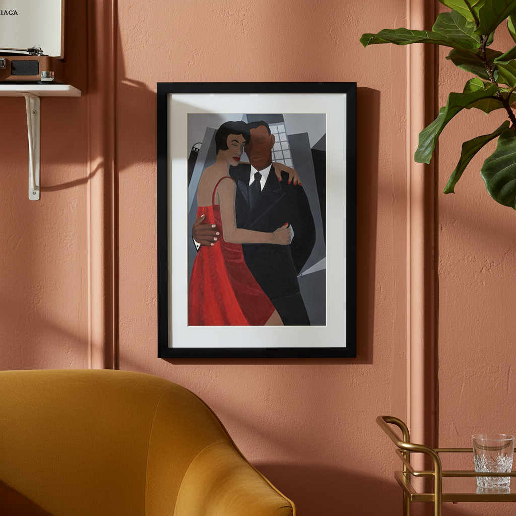 Night on the Town framed giclee print, contemporary digital styling — Black couple romance art