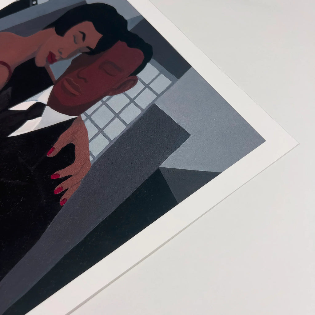 Night on the Town framed giclee print detail showing the man — Black couple romance art