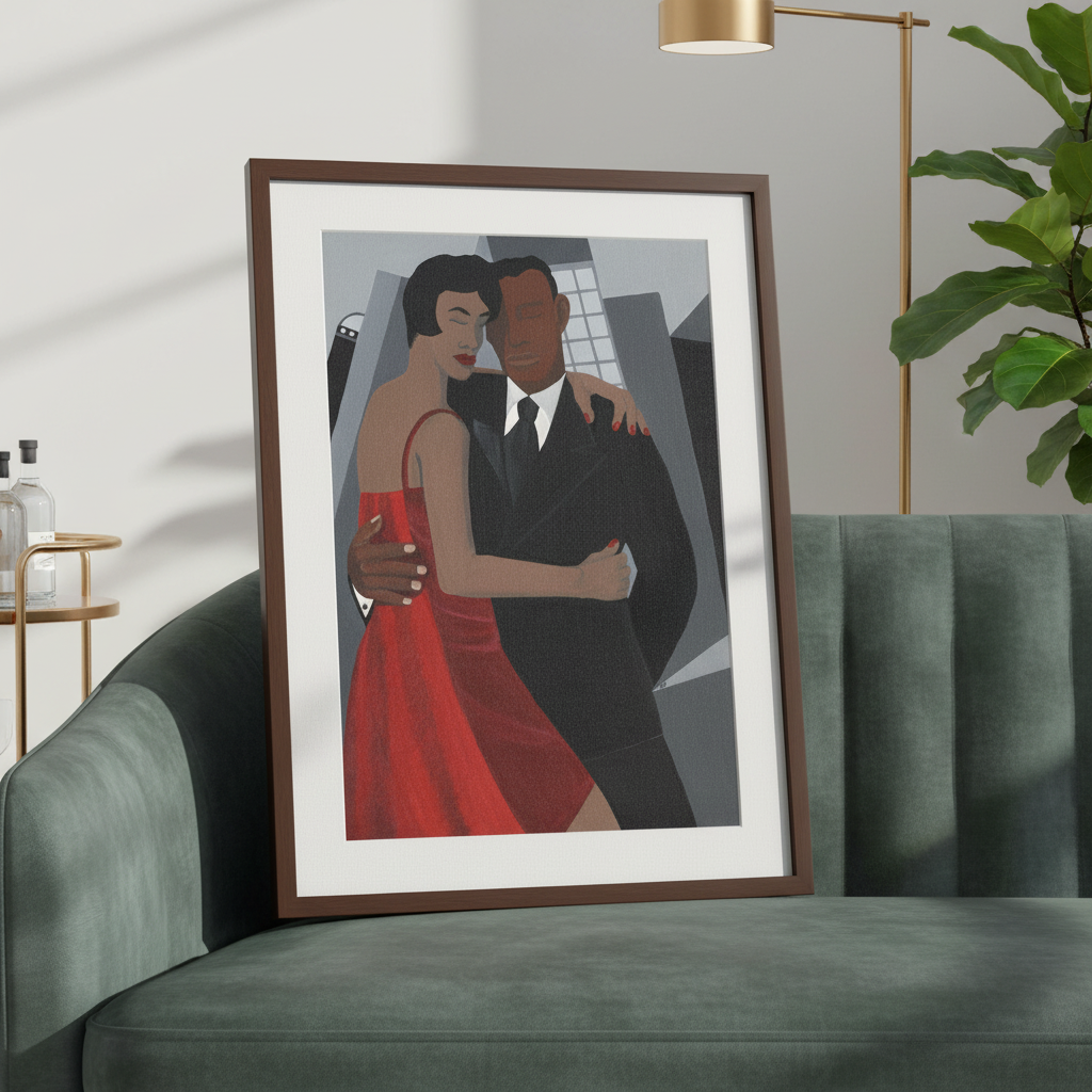 Night on the Town framed giclee print in espresso frame, minimalist styling — Black couple romance art