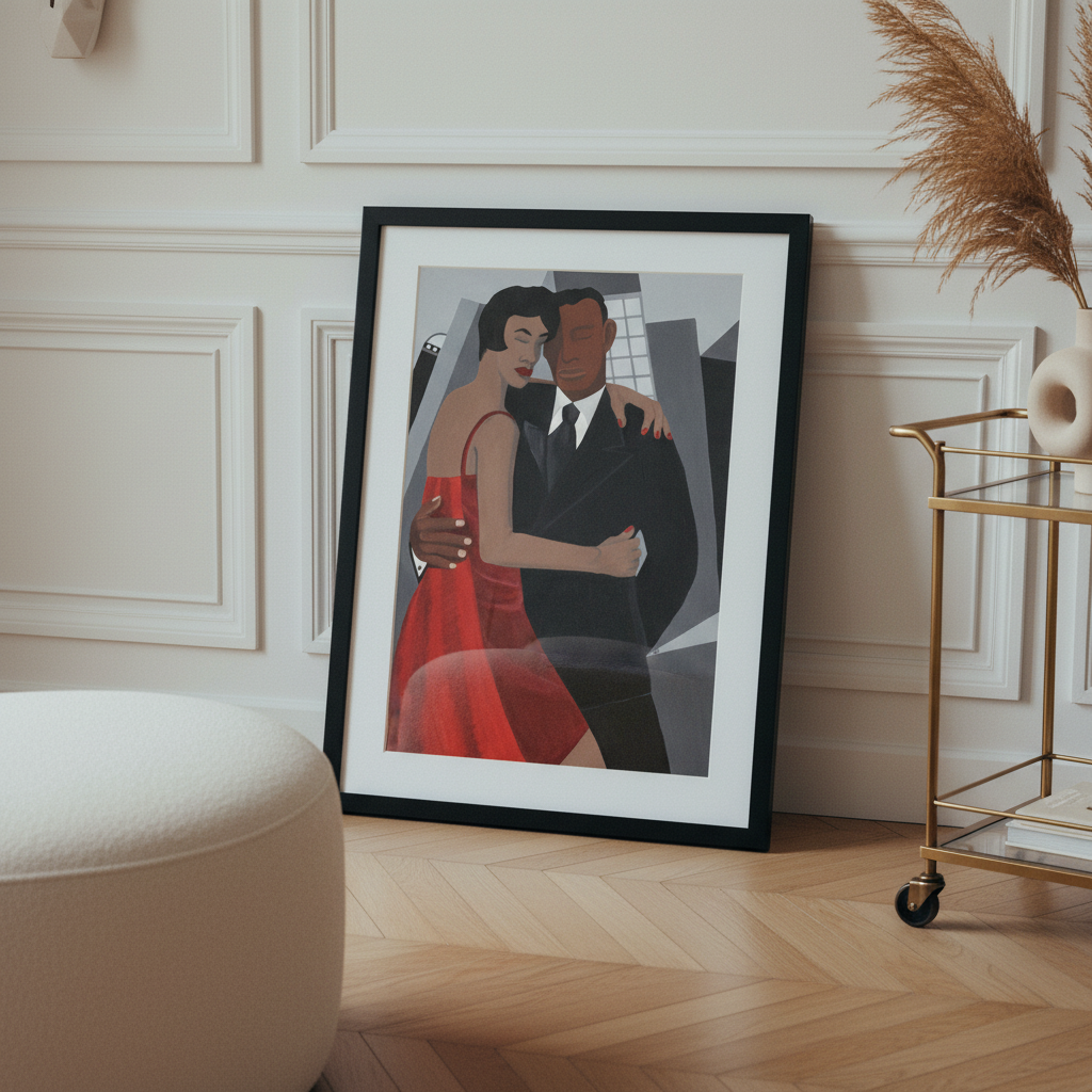 Night on the Town framed giclee print leaning on the floor, film-style photography — Black couple romance art