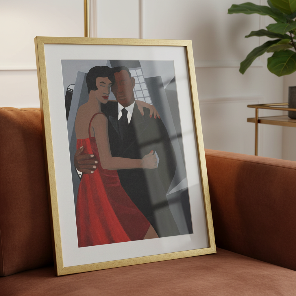 Night on the Town framed giclee print in a modern minimalist interior — Black couple romance art