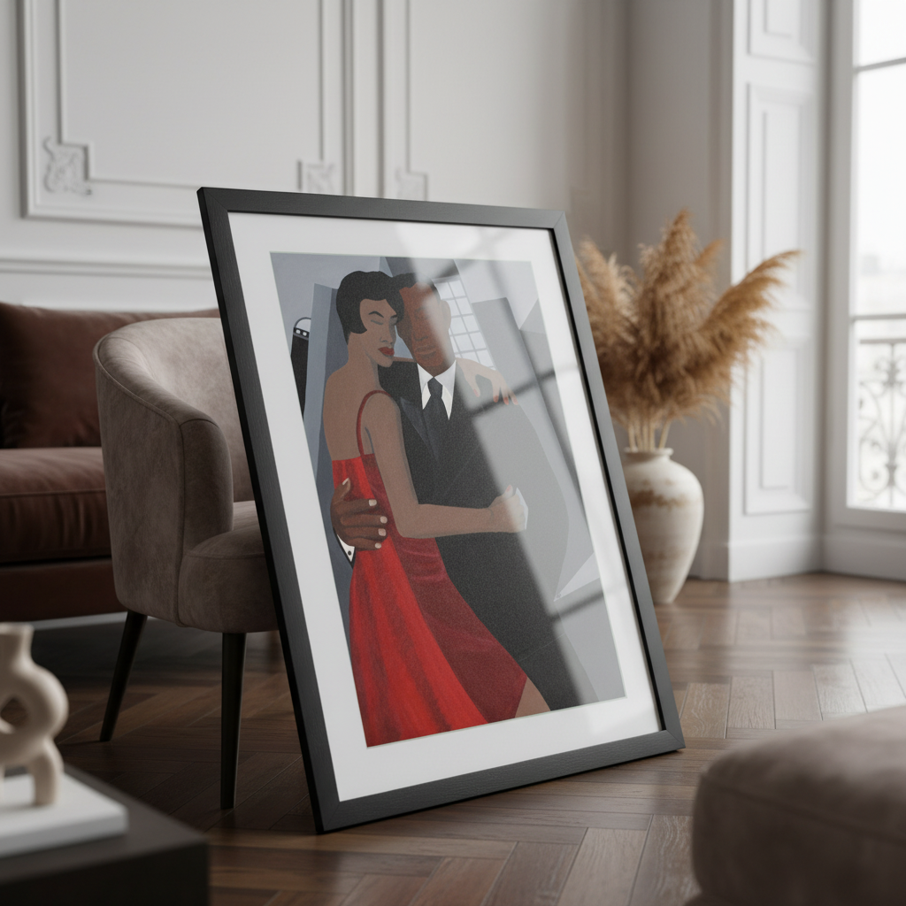 Night on the Town framed giclee print leaning near a Parisian ottoman — Black couple romance art