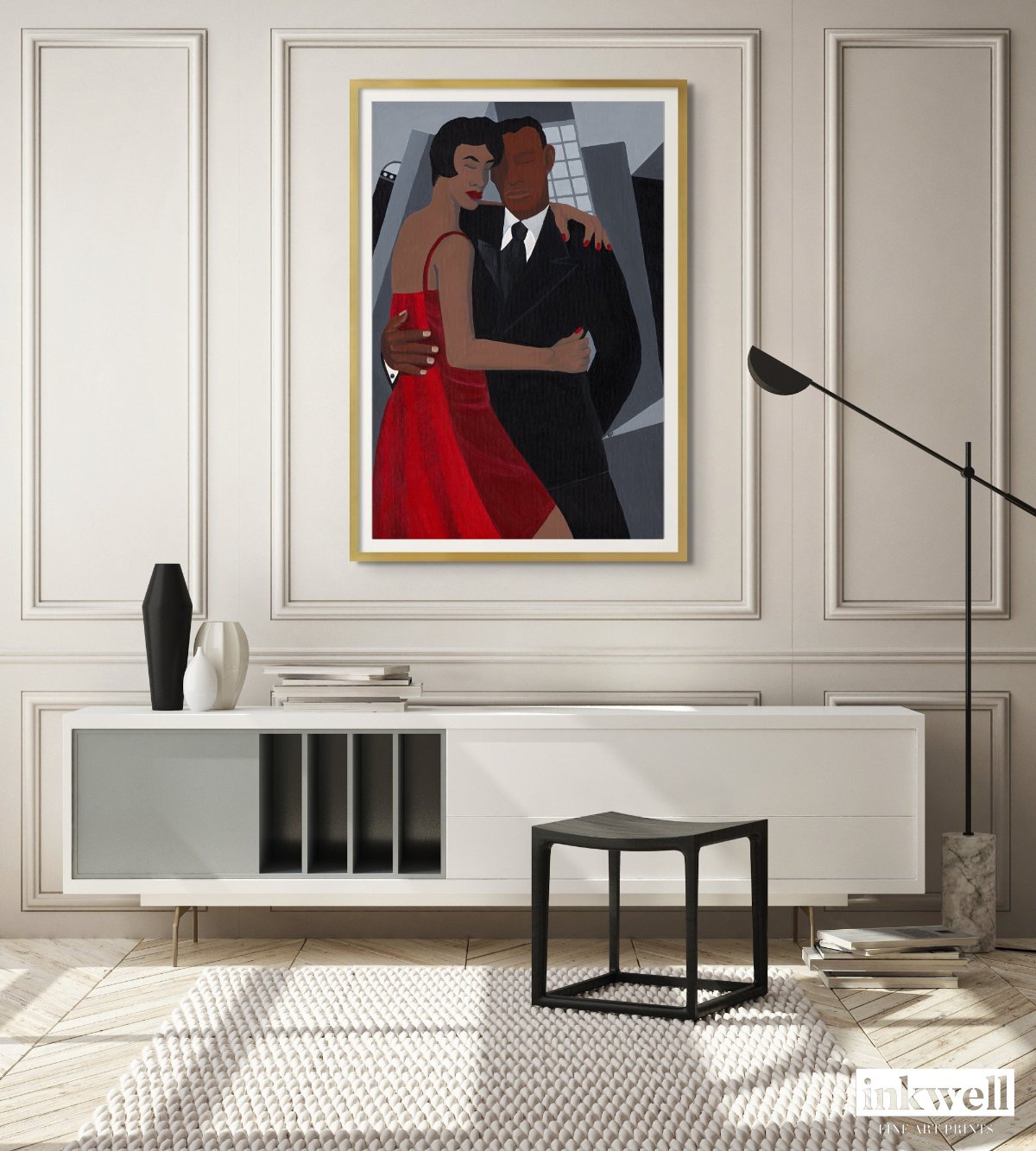 'Night on the Town' art print: Elegantly dressed couple, woman in a red dress and man in a black suit, embracing against a stylized urban backdrop with abstract buildings, capturing a romantic and celebratory evening atmosphere. hung on wall above modern white media console