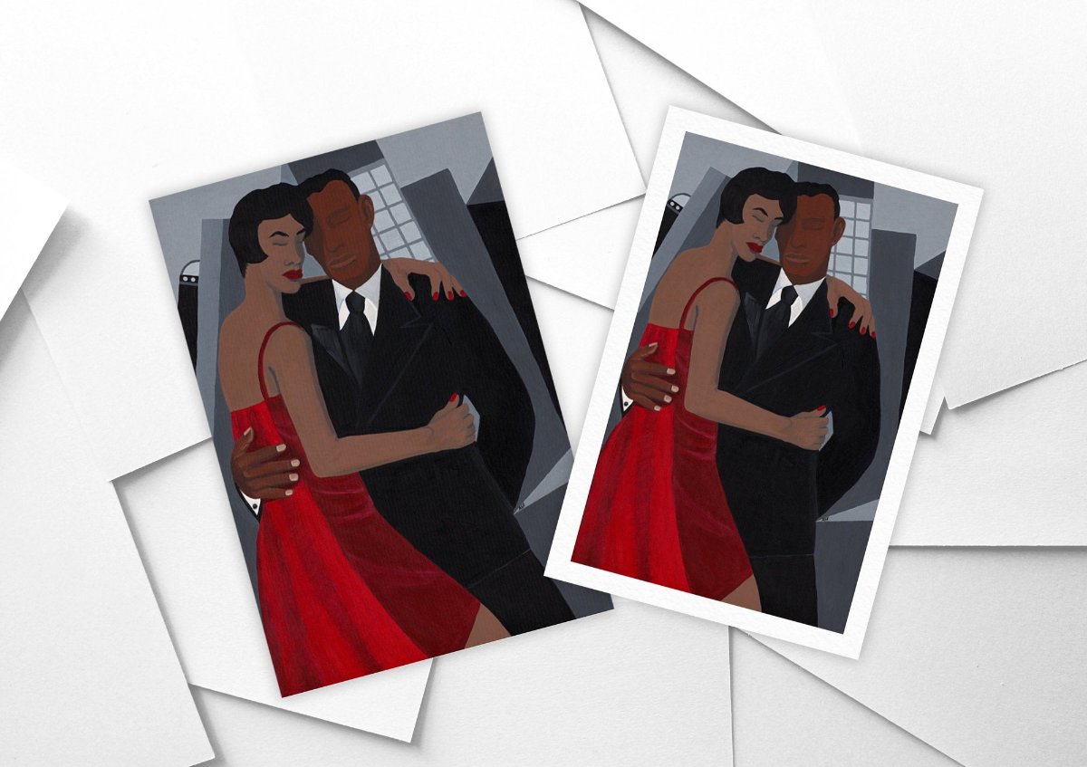 'Night on the Town' art print: Elegantly dressed couple, woman in a red dress and man in a black suit, embracing against a stylized urban backdrop with abstract buildings, capturing a romantic and celebratory evening atmosphere. shown with or without white border