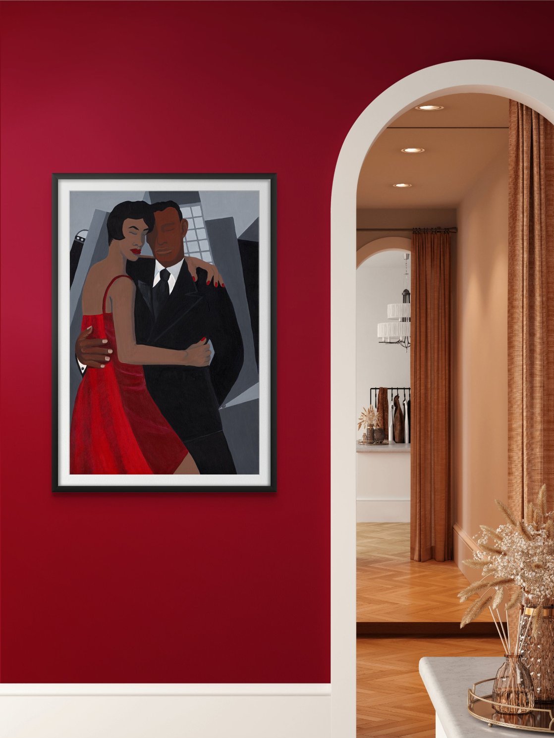 'Night on the Town' art print: Elegantly dressed couple, woman in a red dress and man in a black suit, embracing against a stylized urban backdrop with abstract buildings, capturing a romantic and celebratory evening atmosphere.