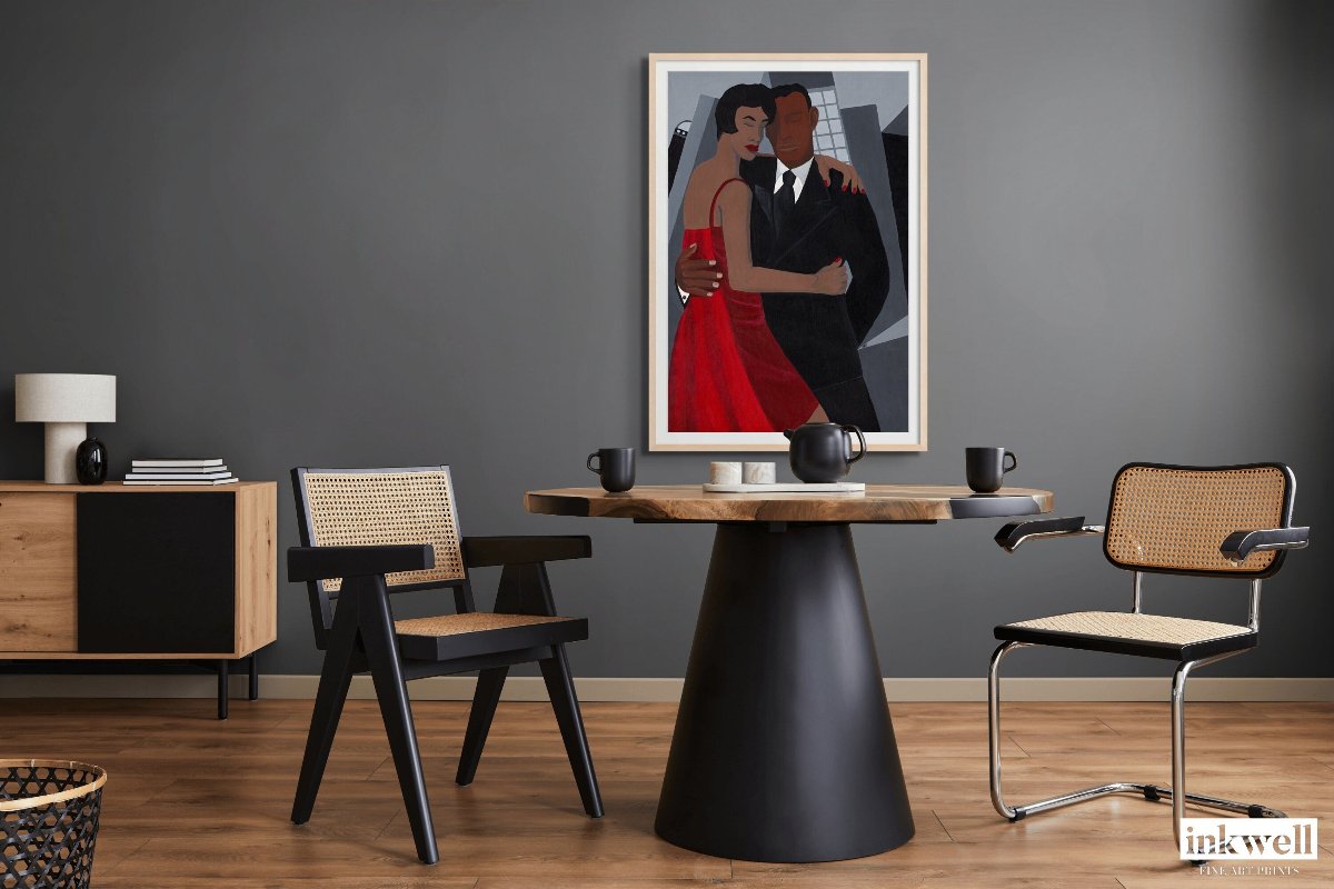 'Night on the Town' art print: Elegantly dressed couple, woman in a red dress and man in a black suit, embracing against a stylized urban backdrop with abstract buildings, capturing a romantic and celebratory evening atmosphere.